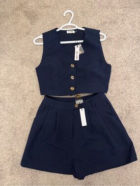 Tailored Navy Cropped Vest & High-Waist Shorts Set